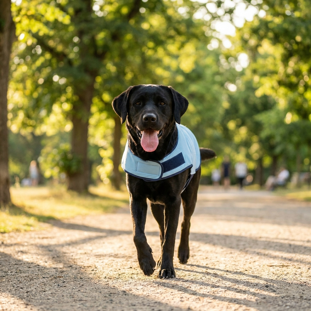 Labrador noir avec gilet rafraichissant en balade