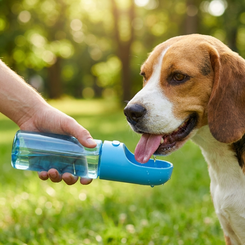 Chien beagle qui boit a la gourde nomade
