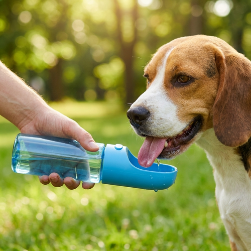 Chien beagle qui boit a la gourde nomade