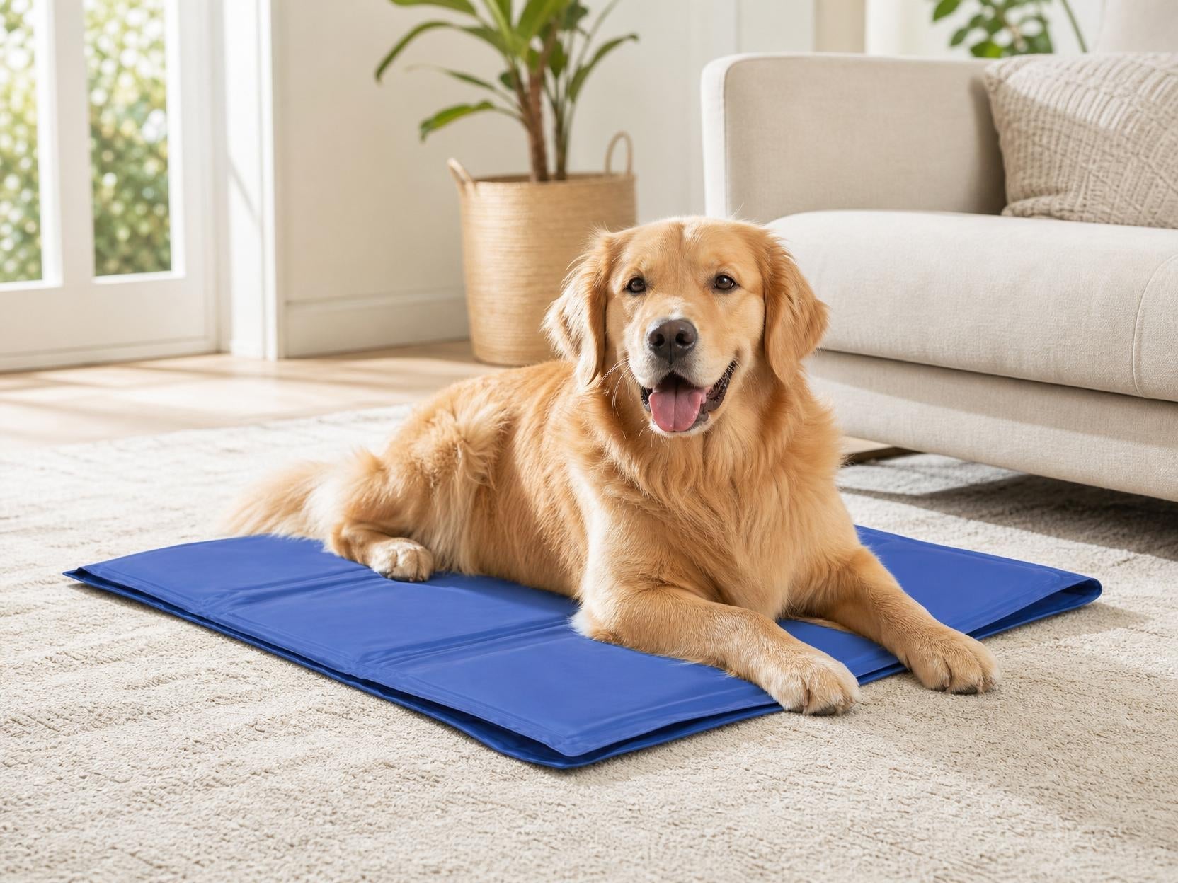 Golden retriever allongé sur le tapis rafraîchissant La Patte Fraîche